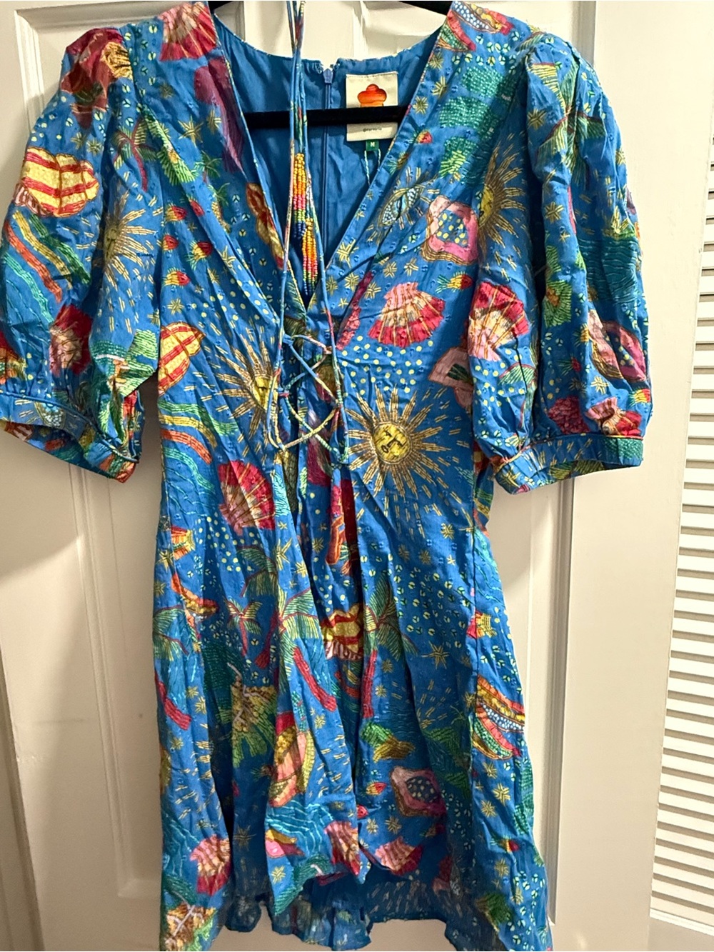 FARM Rio Blue Tropical Shell Lace-Up Cotton Top - Picture 4 of 10